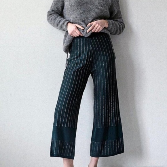 Anthropologie INTROPIA LUREX STRIPE PANTS GREEN SWEATER PANT - Picture 1 of 4